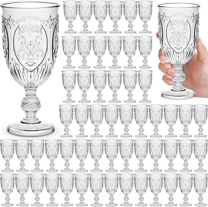 60 Pack Plastic Goblets 10oz Upgrade Vintage Water Goblet Plastic Wine Glasses Colored Retro Embossed Glassware for Party Wine Bar Juice Baby Shower Wedding Reception Grand (Clear)