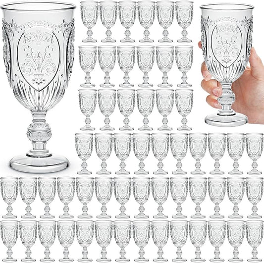 60 Pack Plastic Goblets 10oz Upgrade Vintage Water Goblet Plastic Wine Glasses Colored Retro Embossed Glassware for Party Wine Bar Juice Baby Shower Wedding Reception Grand (Clear)