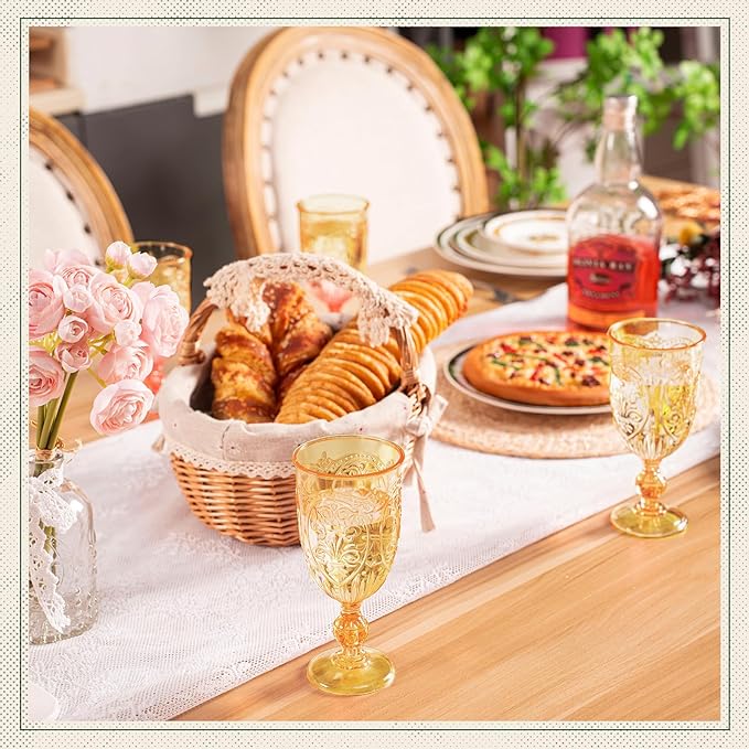 48 Pcs Plastic Goblets 7.5oz Vintage Goblet Plastic Wine Glasses Colored Retro Embossed Water Goblets for Wine Bar Juice Baby Shower Wedding Reception Grand Event Party (Amber)