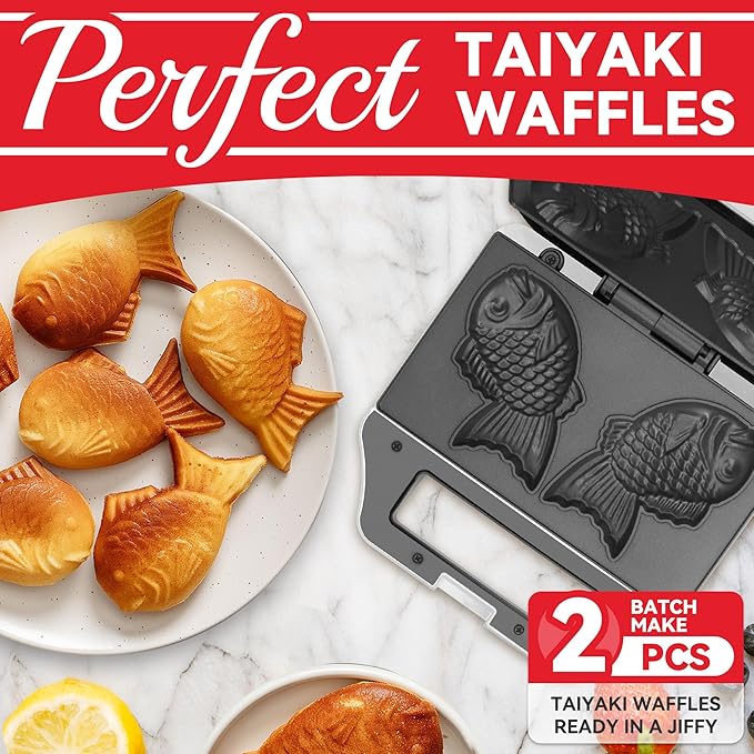Taiyaki Fish-shaped Waffle Maker, 2 Pcs Electric Japanese Fish Shaped Waffle Iron Pan, Dual Non Stick Cooking Plates, Recipe Included, White
