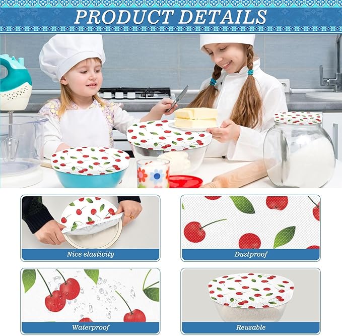 5 Pcs Bowl Covers Reusable in 5 Size Elastic Food Cover Cloth Lids Fresh Keeping Dish Cookware Bakeware Fabric Covers Lids for Food Leftovers Fruits Storage Cherries Fruit White