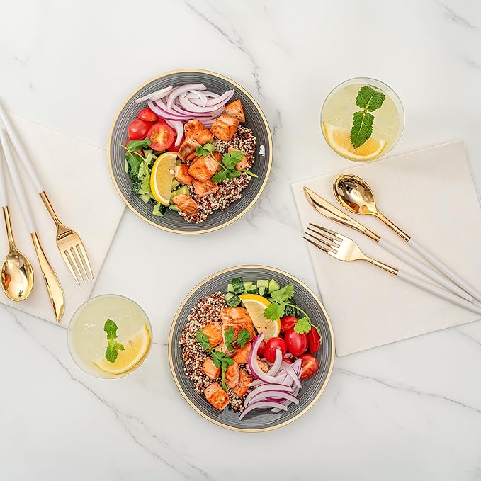 Restaurantware Plastic Plates 20 Pcs 7.25" Gold Rimmed Disposable Plates Heavy-Duty Black Translucent Rippled Plastic Dinner Servers for Party, Weddings, Salads, Desserts, and Appetizers