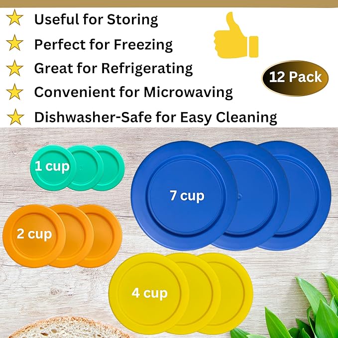 1, 2, 4 & 7 Cup Green, Orange, Yellow, Blue Replacement Lids/Covers for Pyrex, Anchor Hocking & KlareWare Storage Bowls *Lids Only Glass Container Not Included* (12 Pack *Three of Each Size*)