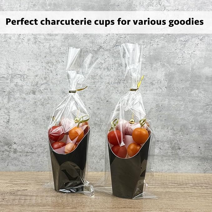 CAMKYDE 50 Sets Disposable Charcuterie Cups with Sticks and Bags, 12 oz Black Paper Snack Appetizers Cup French Fry Holder with Cocktail Picks Toothpicks (50 Cups+50 Bags+200 Sticks)