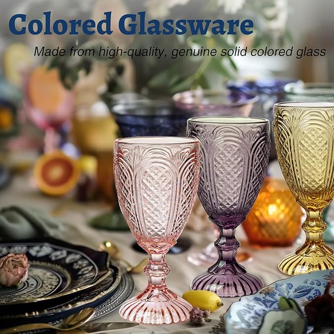 Colored Wine Glasses set of 6 glass goblets, vintage Colored glassware, drinking glasses for a baby shower, wedding, birthday ,or fancy glassware for everyday,Wedding，Engagement，Birthday Gifts