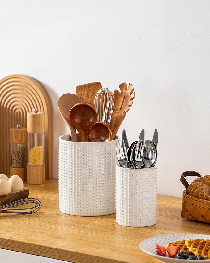 MALACASA LYDIA Ceramic Utensil Holders, 7.3"+5.5" Kitchen Utensil Crock Set for Countertop, Large & Small Utensil Organizers for Cooking Tools, Rhombus Pattern