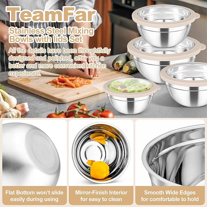 TeamFar Mixing Bowls, 4.5/3/1.5/1/0.7 QT Stainless Steel Nesting Salad Bowls with Visible Lids, For Serving/Mixing/Storing, Non-Toxic & Heavy Duty, Airtight & Easy Clean, Khaki, Set of 5