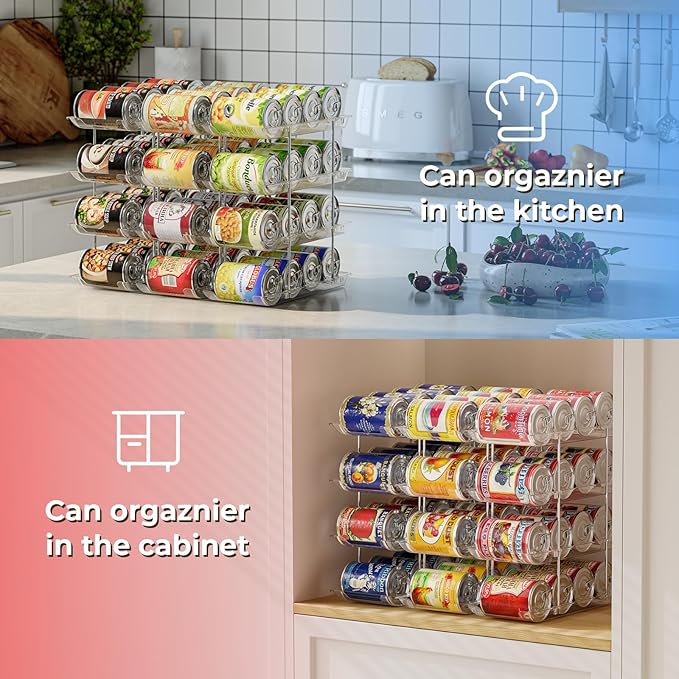 Stackable 4 Tiers Can Organizer Pantry, Canned Food Holder for Fridge Holds 48 Cans, Free Combination & Automatic Rolling, Space Saving Storage for Refrigerator Kitchen Pantry, Clear