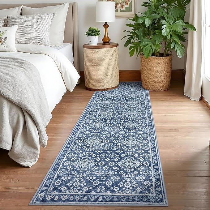 Vintage 2.6x8 Hallway Runner, Dusty Blue White Washable Non-Slip Hallway Carpet, Super Soft Kitchen Runner Rug, Print Faux Wool Floral Thin Carpet for Indoor & Bedside