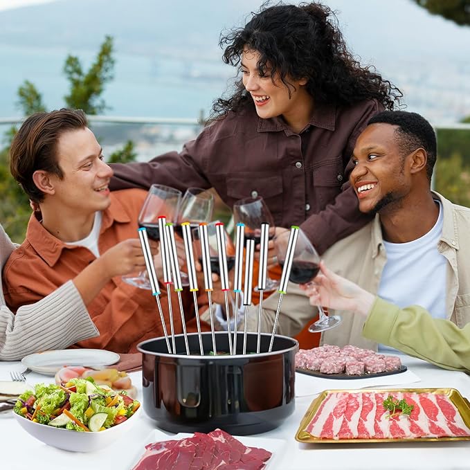 24 PCS Fondue Forks Stainless Steel,12 Wood Handles and 12 Stainless Steel Handles,9.3"Color Coding Cheese Fondue Fork,Heat Resistant Fondue Sticks for Chocolate Fountain Marshmallows,6 Color