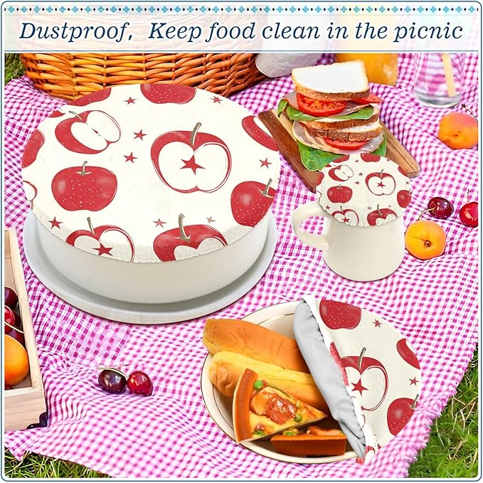 5 Pcs Bowl Covers Reusable in 5 Size Elastic Food Cover Cloth Lids Fresh Keeping Dish Cookware Bakeware Fabric Covers Lids for Food Leftovers Fruits Storage Red Apple Stars