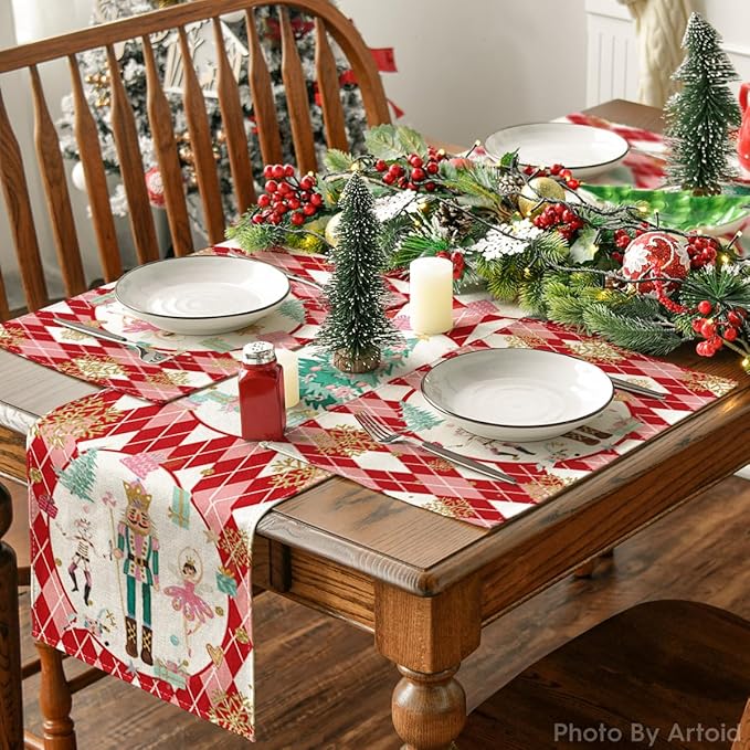 Red Diamond Plaid Nutcracker Snowflake Christmas Placemats Set of 6, 12x18 Inch
