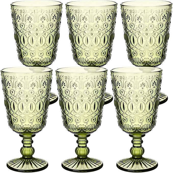 Eaasty Wine Glasses Set of 6 Vintage Goblet 9 oz Vintage Colored Glass Goblet Beverage Stemmed Glass Cups Romantic Embossed Glassware for Wedding Party Holidays Anniversary (Green)