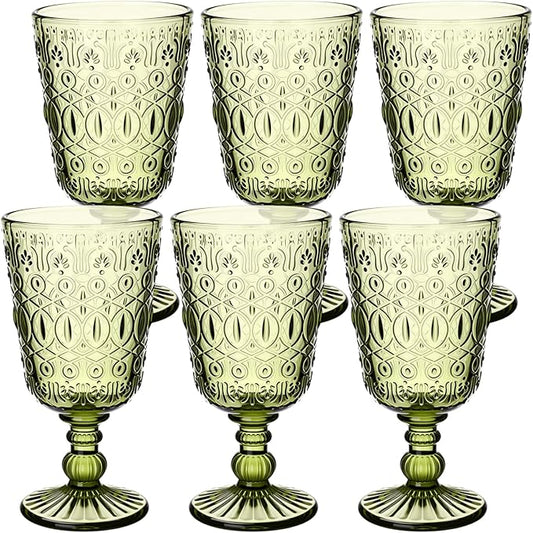Eaasty Wine Glasses Set of 6 Vintage Goblet 9 oz Vintage Colored Glass Goblet Beverage Stemmed Glass Cups Romantic Embossed Glassware for Wedding Party Holidays Anniversary (Green)