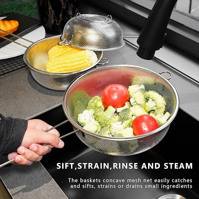 Metal Fine Mesh Strainer and Colander for Kitchen with Handle, Stainless Steel Pasta Strainer/Kitchen Funnel/Collander/Sifter for Strain/Wash Vegetables, Fruits, Spaghetti, Rice (8.6＂)