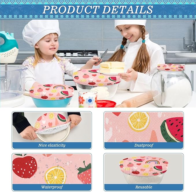 5 Pcs Bowl Covers Reusable in 5 Size Elastic Food Cover Cloth Lids Fresh Keeping Dish Cookware Bakeware Fabric Covers Lids for Food Leftovers Fruits Storage Pink Rainbows and Fruits Slices