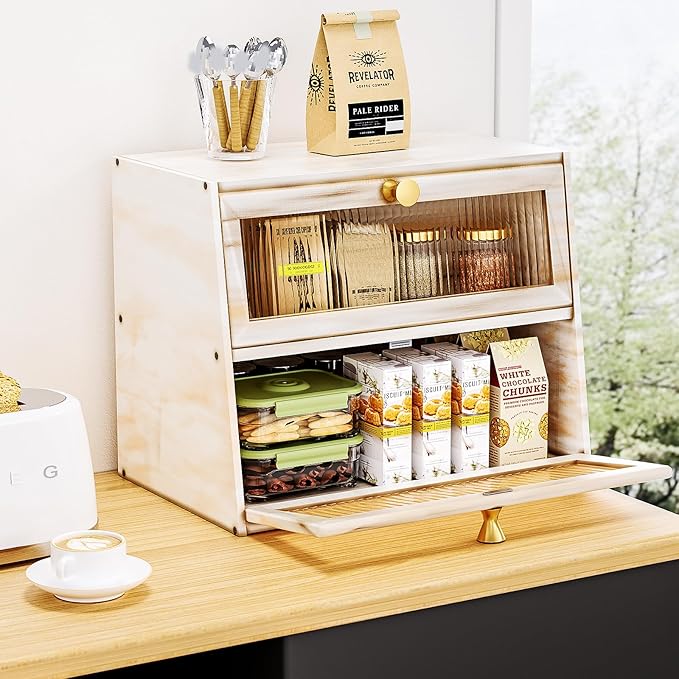 Vintage Double Layer Bread Box for Kitchen Countertop，Large White Bread Boxes Wooden Breadbox Bread Storage Container Bin Bread Holder(Vintage White)