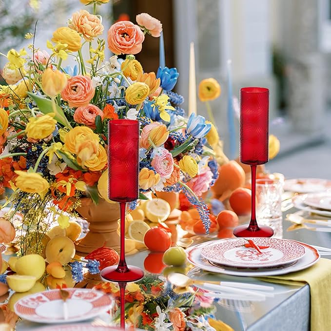 24 Pieces Red Champagne Flutes,6 OZ Twill Pattern Striped Vintage Stem Glasses Stemware Wine Glasses Champagne Long Stem Drinking Colored Glasses Goblets for Wedding Cocktail Cups,Cava, Prosecco