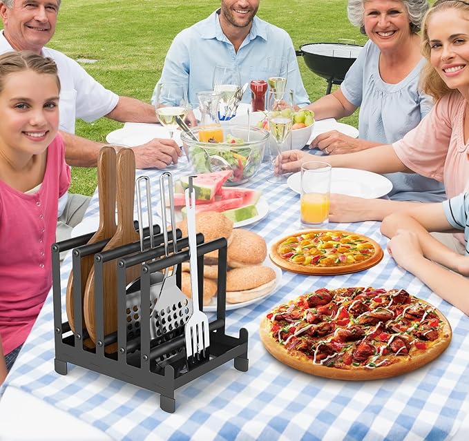 lesolar Pizza Peel Rack with 5 Slots, Steel Pizza Turner Pizza Paddle Organizer, Pizza Holder Rack with Non-Slip Feet, Pizza Turning peel Holder Rack Space Saving, Outdoor Pizza Oven Accessories