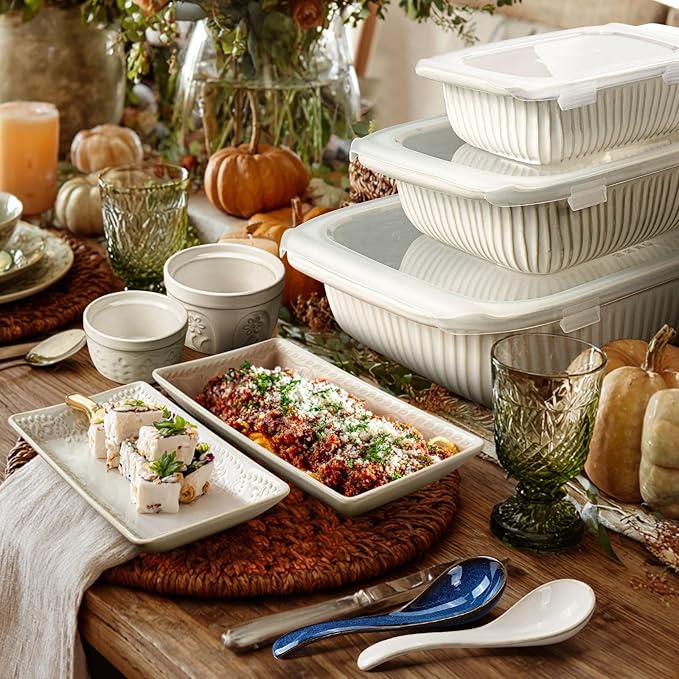 Artena Casserole Dishes For Oven, Ceramic Baking Dish, Large Lasagna Pan With Handles, Baking Pan Casserole Dish, Rectangular Bakeware Deep, White, Set Of 3 (5.1Qt/2.3Qt/1.1Qt) (Only Baking Dish)
