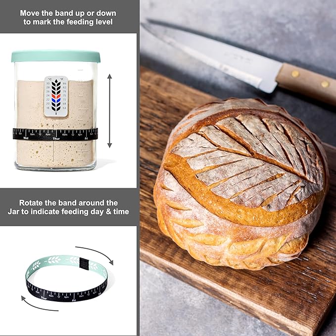 Premium Sourdough Starter Jar - 40oz Large Sourdough Jar with Marked Feeding Band, Thermometer, Scraper, Cloth Cover and Silicone Lid/Base, Wide Mouth Starter Kit - Mint