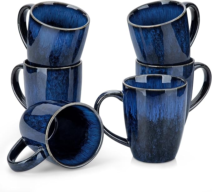 vancasso STARRY Ceramic Coffee Mug Set of 6, 16 Oz Tea Cups with Handle for Latte, Tea, Cappuccino, Milk, Cocoa, Microwave&Dishwasher Safe, Blue