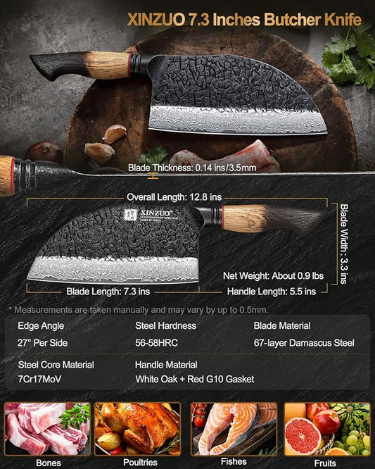 XINZUO 7.3 Inch Hand Forged Butcher Knife With Sheath,67-Layer Damascus Steel With 7Cr17Mov Core Big Knife For Meat Cleaver Cutting Vegetable Cleaver For Kitchen,Camping