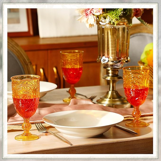 18 Pack Plastic Goblets 10oz Upgrade Vintage Water Goblet Plastic Wine Glasses Colored Retro Embossed Glassware for Party Wine Bar Juice Baby Shower Wedding Reception Grand (Amber)