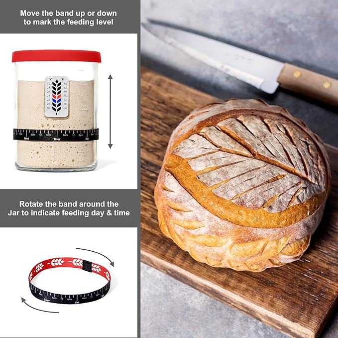 Premium Sourdough Starter Jar - 40oz Large Sourdough Jar with Marked Feeding Band, Thermometer, Scraper, Cloth Cover and Silicone Lid/Base, Wide Mouth Starter Kit - Red