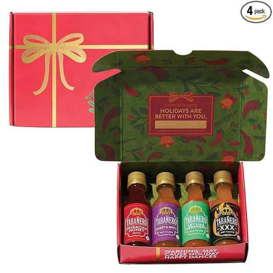 Mini Hot Sauce Gift Set by Tabañero, Holiday Gift Box with Sriracha Honey, Sweet and Spicy, Key Lime and XXX Flavors, 4-Pack, 1.7oz Hot Sauce Bottles, All Natural, Gluten Free, Low Sodium, Vegan, Kosher, Made in the USA