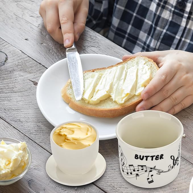 Music Note Design Butter Crock for Counter - French Style Ceramic Butter Keeper and Butter Dish with Lid, Butter Holder for Countertop Storage, Airtight Container for Soft, Spreadable Butter