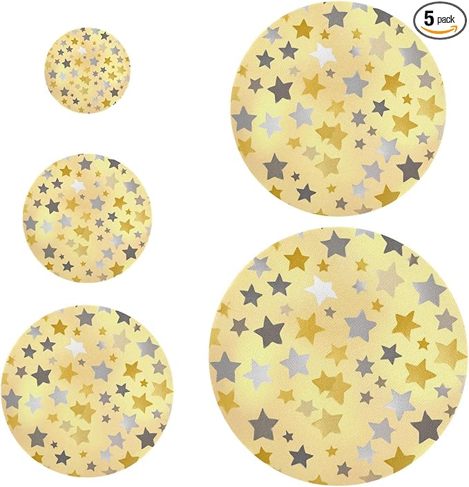 5 Pcs Bowl Covers Reusable in 5 Size Elastic Food Cover Cloth Lids Fresh Keeping Dish Cookware Bakeware Fabric Covers Lids for Food Leftovers Fruits Storage Cute Silver and Golden Stars