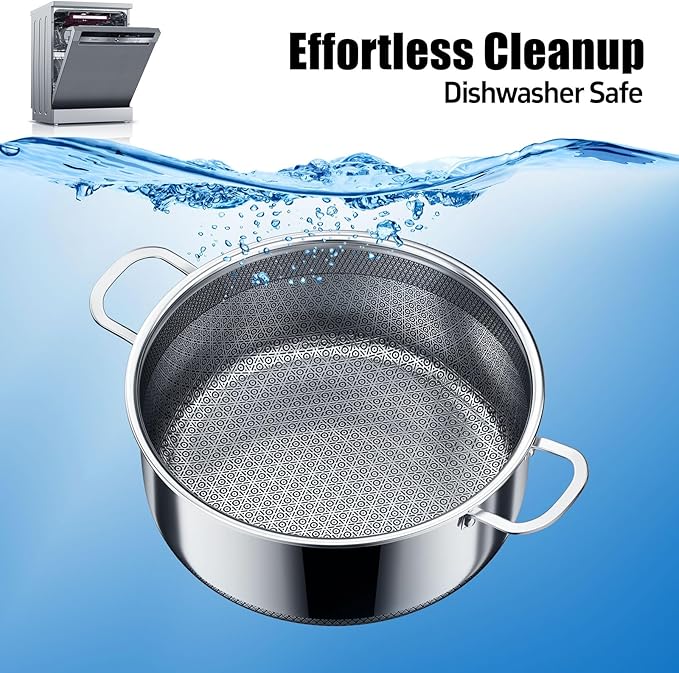 6 QT Stainless Steel Stock Pot with Lid, 10-inch Sauce Pan Induction Cookware, PFOA Free 5-Ply Simmer Pot with Non Stick Coating, Dual Ear Handles Cooking Pot Oven & Dishwasher Safe Easy to Clean