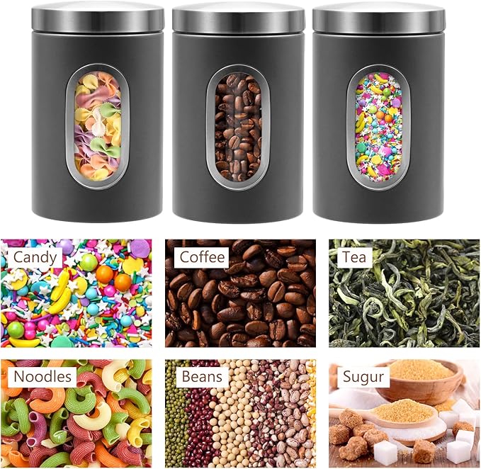 Canisters Sets for the Kitchen, 3pcs Sugar Flour Tea Coffee Storage Jars Stainless Steel Food Container Organizer for Kitchen Counter with Transparent Window (grey)