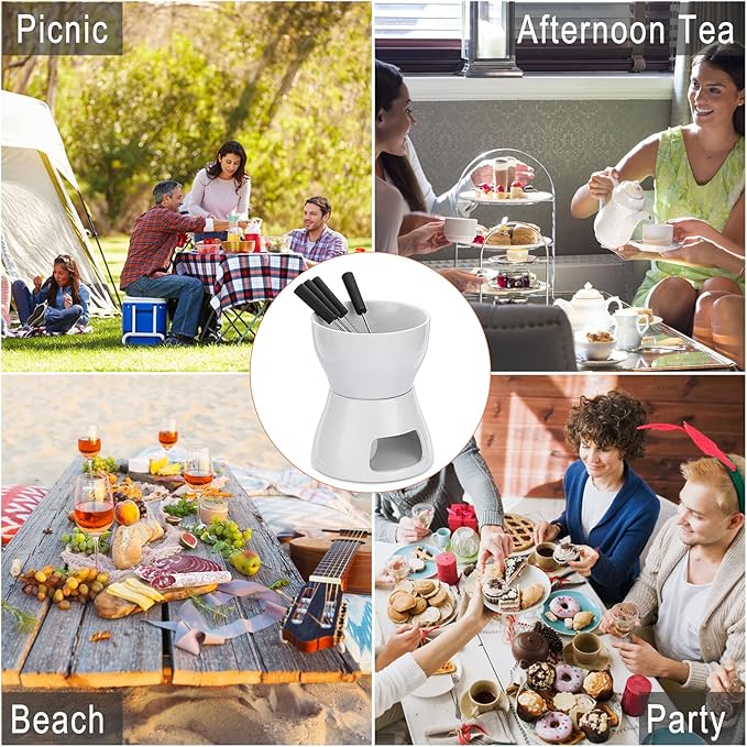 400ML Ceramic Butter Warmer Set with 4 Forks, Fondue Pot Melting Pot Set, Melt Hot Pot Bowl Set For Cheese Chocolate Butter Caramel