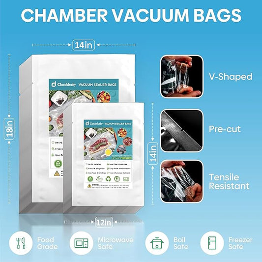 Chamber Vacuum Sealer Bags,12"x14" 200 Pcs Pre-cut Chamber Machine Pouches,Heavy Duty Chamber Vacuum Bags for Commercial Sealer,Food Storage,Meal Prep,Sous Vide,Meat Cheese Goods, BPA Free