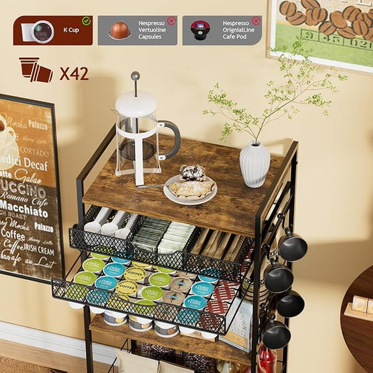 Coffee Bar Station with Storage Drawer - 5 Tier Coffee Table Countertop Organizer for K Cups, Tea Bags, Sugar Storage and Kitchen Cabinets (Brown)