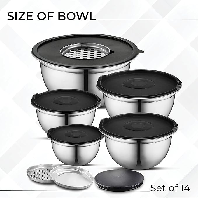 AVADOR Premium Brushed Stainless Steel Mixing Bowls Sets, Easy To Clean, Space Saving, Great for Cooking, Baking, Prepping Needs 0.25qt, 1qt, 1.5qt, 3qt, 5qt (8 pc with Lid and Grater)
