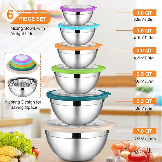 LIANYU Mixing Bowls with Visible Lid Sets of 6, Stainless Steel Metal Salad Nesting Bowls, Large & Small 7, 3.5, 2.5, 2, 1.5, 1QT Size For Kitchen, Baking, Storage, Food Prepping, Serving, Multi-Color
