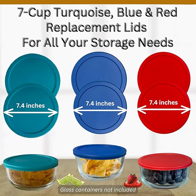 7 Cup/1.65 L Replacement Lids/Covers for Pyrex 7402-PC, Anchor Hocking & KlareWare Storage Bowls *Lids Only - Glass Container Not Included* (Turquoise, Blue, Red, 6 Pack)