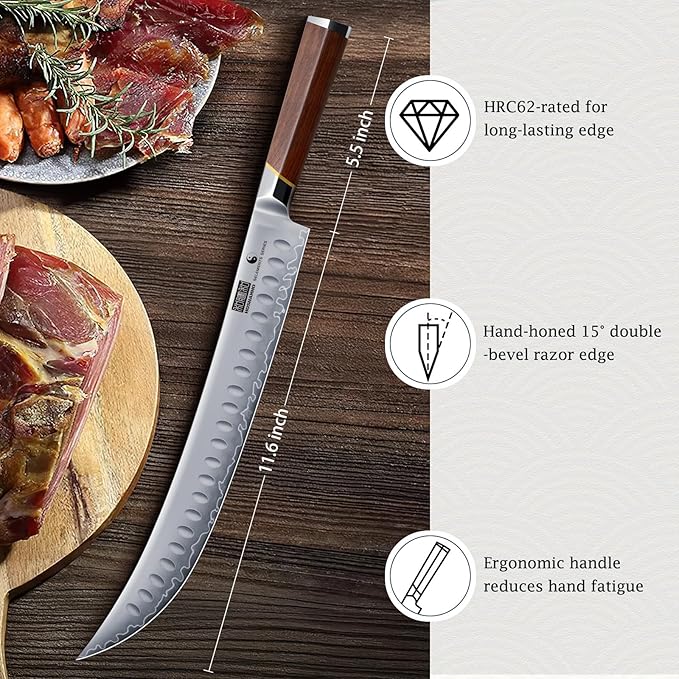 Brisket Slicing Knife 12 Inch, Japanese High Carbon Steel Butcher Breaking Knife with Ergonomic Handle, Razor Sharp Curved Carving Knives for Meat, BBQ