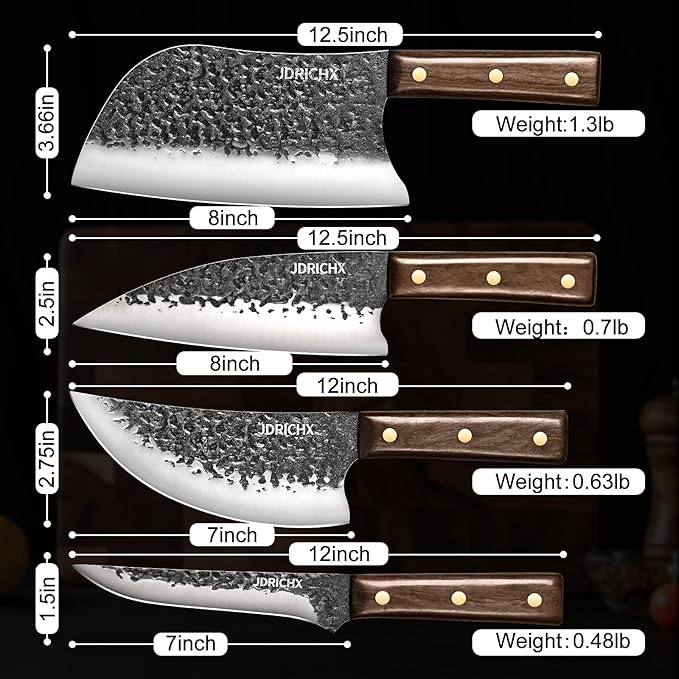 Butcher Knife Set,4 PCS Heavy Duty Hand Forged Serbian Chef Knife Meat Cleaver Boning Viking Knife Set-Full Tang High Carbon Steel for Home Cooking Outdoor BBQ Camping Gift Idea