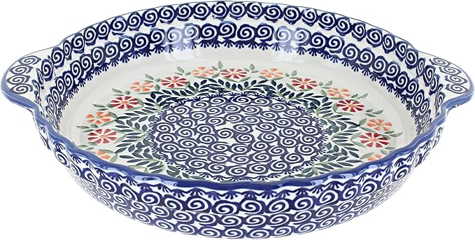Blue Rose Polish Pottery - Orange Garden Bouquet Pie Plate with Handles - 9.75" Diameter - Ceramic Baking Dish, For Pies, Quiches & Desserts