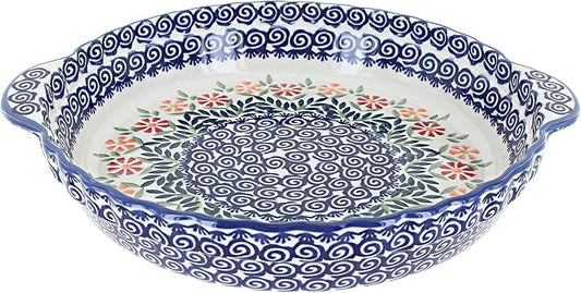 Blue Rose Polish Pottery - Orange Garden Bouquet Pie Plate with Handles - 9.75" Diameter - Ceramic Baking Dish, For Pies, Quiches & Desserts