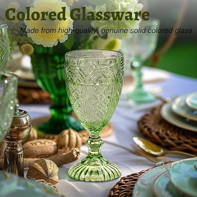 Chaos Coordinator Green Wine Glasses set of 6, vintage Green glassware, colored drinking glasses for a baby shower, wedding, birthday,or fancy glassware for everyday,10.5 OZ.