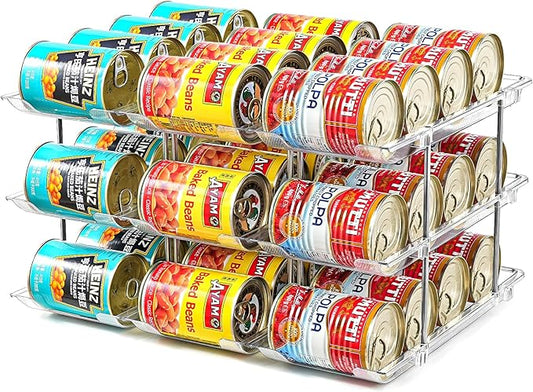 Can Organizer for Pantry， Stacking Can Storage Organizer Pantry，Automatic Can Rack for Fridge, 3Tire 3 Columns Can Holder for 36 Cans, Canned Goods Organizer