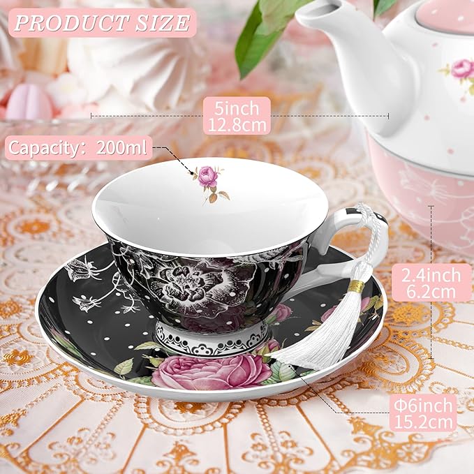 London Boutique Tea Cup and Saucer Set 2 Afternoon Tea Set New Bone China Vintage Flora Gift Box 200m (Black)