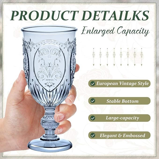 60 Pack Plastic Goblets 10oz Upgrade Vintage Water Goblet Plastic Wine Glasses Colored Retro Embossed Glassware for Party Wine Bar Juice Baby Shower Wedding Reception Grand (Blue)