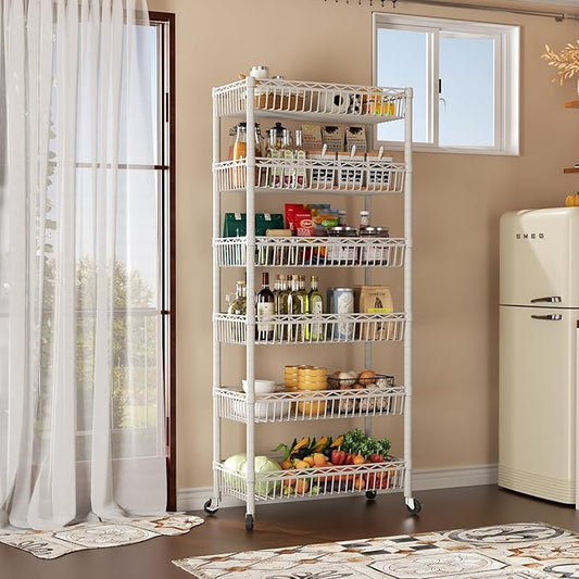 SINGAYE 6 Tier Big Basket Shelf Wire Shelving Unit Adjustable Storage Shelves Rack for Garage Kitchen Office Pantry Corner Metal with Wheels White