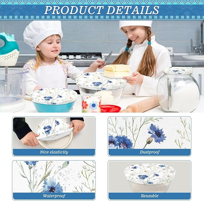 5 Pcs Bowl Covers Reusable in 5 Size Elastic Food Cover Cloth Lids Fresh Keeping Dish Cookware Bakeware Fabric Covers Lids for Food Leftovers Fruits Storage Daisy White